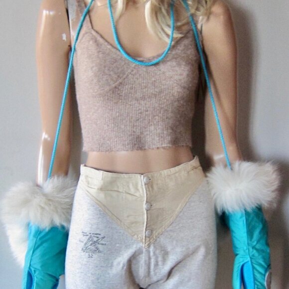 TURQUOISE BLUE WHITE FOX FUR WOOL Handmade Patchwork Trapper Eskimo Long Mitts - Picture 9 of 9